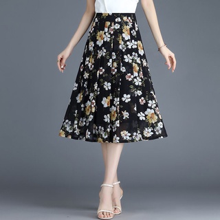 Falda floral de gasa falda plisada de una línea de cintura alta de verano de media longitud para mujer