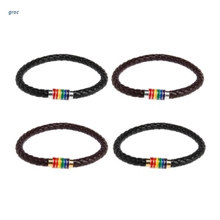 groc Leather Braided Lovers Pride Rainbow Bracelets Titanium Magnetic Gay Les Jewelry