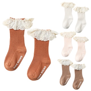JE Infant Baby Girls Knee High Socks Ruffled Lace Ribbed Non-Skid Cotton Stockings