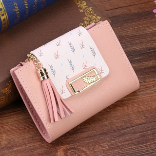 Women Leather Folding Tassels Short Small Coin Pocket Walllet / Large Capacity RFID Blocking Multi Card Holder Coin Purse with Zipper Pocket / Credit Card Clutch