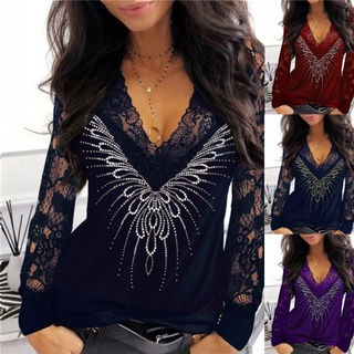 European and American Women's Lace Print Stitching V-neck See-through Long-sleeved T-shirt