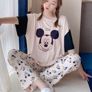 Las mujeres de dibujos animados de manga corta pijamas conjunto de desgaste coreano impresión Baju Tidur más el tamaño de ropa de dormir Mickey pijamas