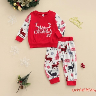 Ont-unisex bebé navidad conjunto de ropa, ciervo impresión de manga larga O-cuello camiseta+pantalones elásticos de cintura