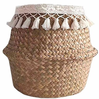 Fringed Hand-woven Seagrass Basket Household Folding Straw Flower Basket