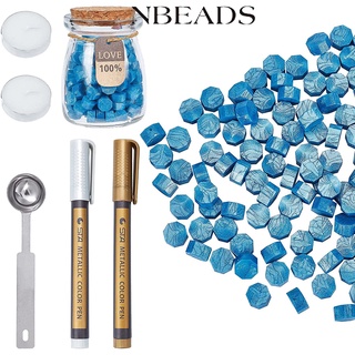 Nbeads Kit de perlas de cera de sellado, perlas de sello de cera, octagono embalado en tarro de vidrio con 2 velas y cuchara de fundición de cera plumas de sello de cera para sello de cera, sobres de sellado, manualidades (azul)