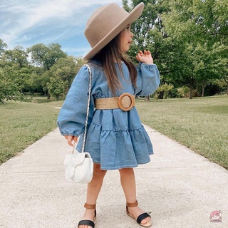 Jop7-niños niña Casual manga larga vestido con cinturón de moda Color sólido botón de la espalda una línea vestido corto