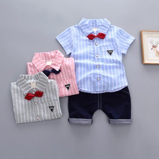 verano bebé ropa conjunto de rayas corbata Chamarra + jeans moda niño Chamarra jeans conjunto (1)