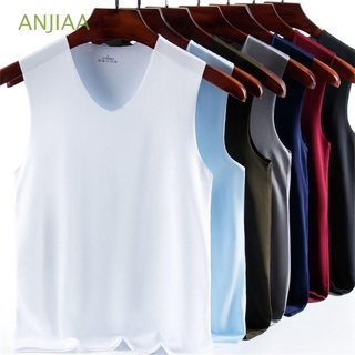 ANJIAA V Neck Men's Tank Tops Casual Ice Silk Seamless Elastic Fashion Stretch Summer Slim Solid Undershirt/Multicolor