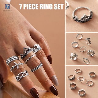juego de 7 anillos de patrón de onda de aleación de galvanoplastia proceso geométrico anillo vintage simple moda para las mujeres