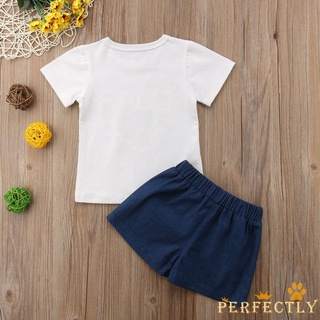 Pft7-Zz niña ropa de verano traje, girasol impreso manga corta cuello redondo camiseta con Color sólido pantalones vaqueros cortos (2)