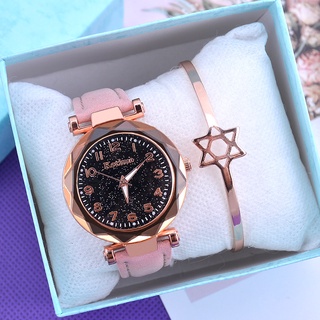 [Reloj + pulsera] reloj de mujer romántico cielo estrellado dial moda casual reloj de cuarzo para mujer + exquisito conjunto de pulsera de estrella (1)