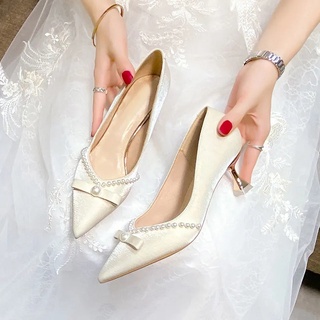 Sweetc Kasut Perempuan tacones altos moda francés hadas perla tacones altos puntiagudo del dedo del pie medio tacón zapatos de boda