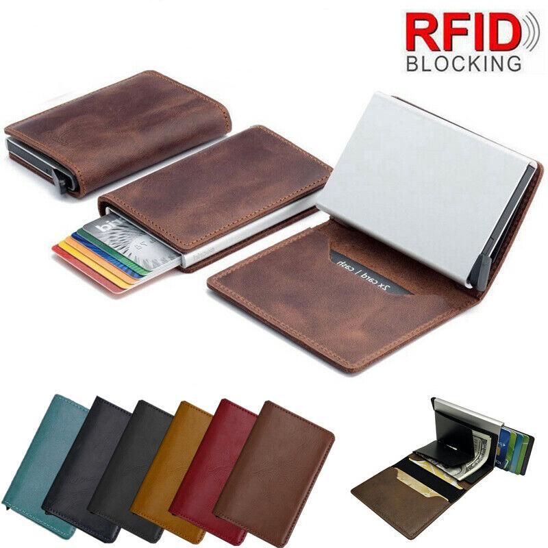 Precio especial RFID Slim Pop up titular de la tarjeta de crédito carteras de cuero Anti escaneo Metal cartera bolsillo