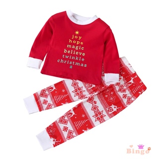 Conjunto de ropa de navidad unisex para niños, estampado de letras de manga larga O-cuello Tops+pantalones de impresión de copo de nieve