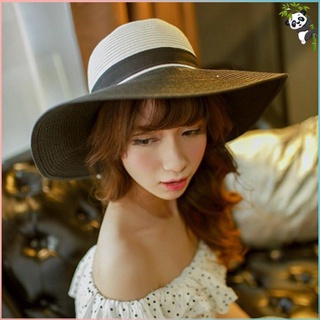 [DP] Sombrero De Paja Con Lazo Para Mujer , Diseño De Bech Ala Grande , Protección UV