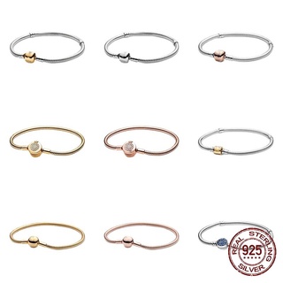 Charms 925 Sterling Solid Silver Bracelet Heart T-Bar Cuff Chain Sparkling Gold Disc Clasp Snake Chain Bracelet Women Jewelry