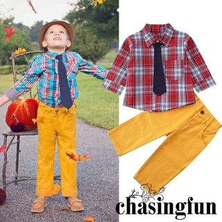CHF-Baby Boys trajes conjunto de camisa a cuadros Tops + pantalones largos caballero trajes