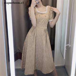 SUPERLOVE Square Collar Short-Sleeved Plaid High-Waist Midi Dress Summer Woman Dress .