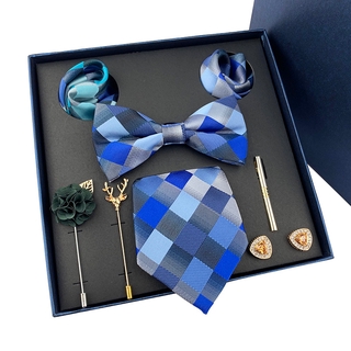 Corbata de hombre de lujo lazos de boda + lazos + bolsillo cuadrado + broche + gemelos +juegos de Clip de corbata con caja del día del padre