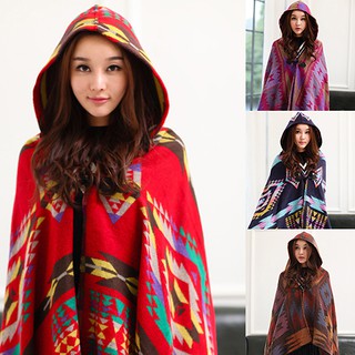 Mujer estilo étnico geométrico patrón con capucha capa larga chal bufanda Poncho