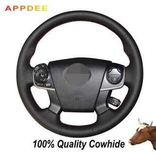 APPDEE Hand-stitched Black First Layer Real cowhide Leather Steering Wheel Cover for Toyota Camry 2012 2013 2014 2015