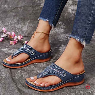 PU Leather Soft Footbed Orthopedic Arch-Support Sandals for Women Rhinestone Wedge Flip Flops Summer Beach Supply