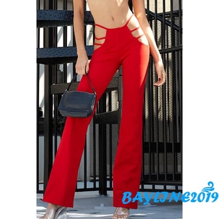 BAY-Mujeres Corte Flare Pantalones , Clásico Mediados Cintura Color Sólido Elástico Campana Inferior (1)
