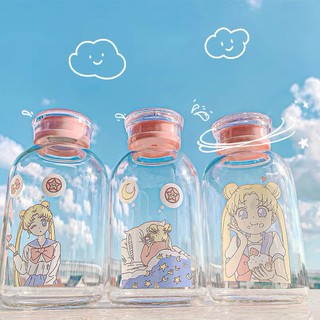 SAILOR MOON kawaii vidrio taza marinero luna botellas 450ml kawaii sopa taza de vidrio botella de agua con una paja vasos lindo bebida botella tazas