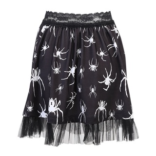 hus Women Gothic Punk Spider Print Lace High Waist Ruffles Black Mini Pleated Skirt
