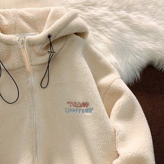 Otoño e invierno gruesas letras bordadas de felpa de lana de cordero con capucha ins chaqueta de punto de las mujeres estudiantes (5)