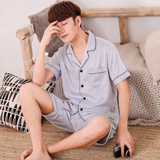 Más el tamaño de L-5XL masculino de seda de satén pijamas de los hombres pijamas ropa de dormir de manga corta conjunto de ropa de dormir (9)