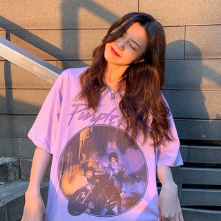 Hot Women T-shirt Summer Mid Length Top Korean Purple Pattern Printed Tee Loose Short Sleeve Oversize Round Neck T-Shirt Promotion