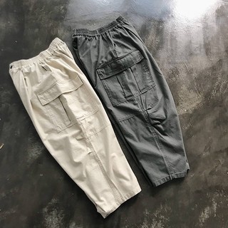 [kerja] Kargo pantalones 19ss estilo japonés retro amekaji rectos grandes bolsillos sueltos cintura elástica casual pantalones de trabajo ancho de la pierna pantalones para hombres y mujeres (5)