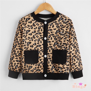 ✿☌☌Otoño invierno niños pequeños Cardigan, bebé niñas leopardo impresión cuello redondo manga larga de un solo pecho Outwear Casual Tops (1)