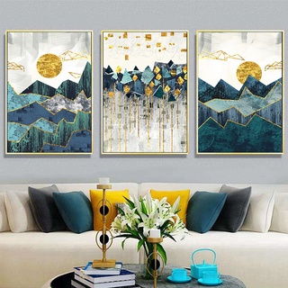 Nórdico abstracto geométrico paisaje de montaña arte de la pared lienzo pintura de oro sol póster de impresión de la imagen de la pared para la sala de estar decorar