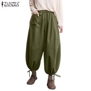 ZANZEA Women Wide Leg Casual Drawstring Elastic Waist Pockets Long Pants