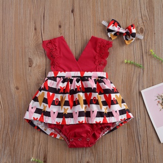 Anana-Baby niñas conjunto de ropa de dos piezas, rojo sin mangas rayas y corazón impreso patrón mameluco + tocado