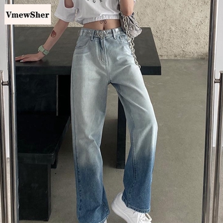 Vmewsher nueva cintura alta suelta gradiente Jeans mujeres moda Casual recto pantalones Chic Color bloque lavado Vintage pantalones