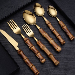 Mango de bambú de acero inoxidable cubertería de madera cuchara y tenedor de oro minimalista vajilla vajilla chengyex