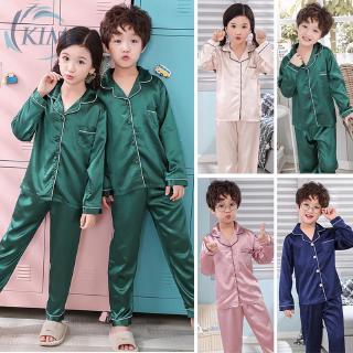 pijama conjunto de niños salón de satén pijamas de baño ropa de dormir de manga larga niño pijamas de noche ropa de hogar conjunto botón de manga larga
