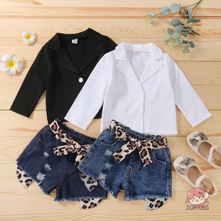 Jop7-kids Girls Casual conjunto de ropa, Color sólido traje Chamarra y leopardo impreso patrón elástico cintura pantalones cortos, negro/blanco