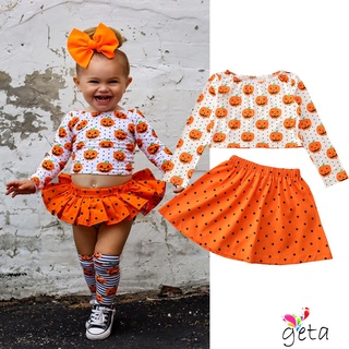 Ljw-Kids Girls Halloween conjunto de traje, calabaza puntos O-cuello de manga larga Crop Tops + cintura elástica falda corta para niñas, naranja