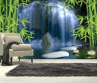 Personalizado 3D murales paisaje pintura, cascada de loto bambú papel de parede, sala de estar sofá TV pared dormitorio papel pintado