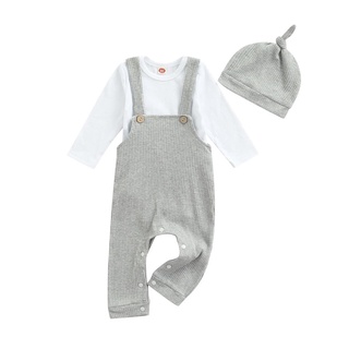 ✮Wl❀Mameluco de manga larga para bebés, pantalones, mono, sombrero, Simple Color sólido, ropa de primavera