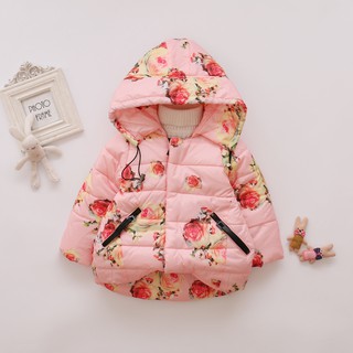Winter clothing for girls, hooded and fleece cotton-padded jacket, rose style coat, thick warm jacket, windproof, down cotton-padded jacket