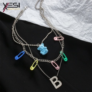 XESI Nuevo collar de oso, collar con pasador de color, cadena de cuentas redondas personalizadas de múltiples capas, collar con colgante de letra B