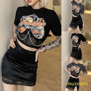 MUSE Women Gothic Short Sleeve Graphic T-Shirt Mesh Corset Patchwork Chain Crop Top