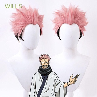 Willis Fluffy hombres pelucas Satoru Gojo pelo sintético Cosplay peluca Jujutsu rosa capas Kaisen resistente al calor corto Anime Cosplay