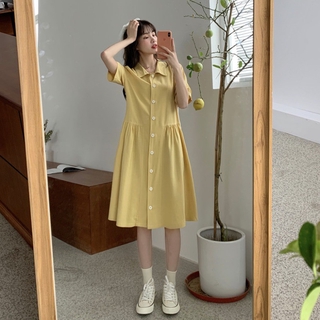 verano 2021 nuevo estilo coreano temperamento cuello polo falda suelta media longitud suave viento de manga corta vestido de las mujeres