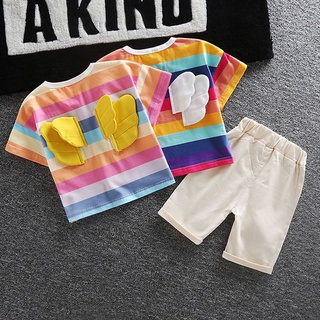 Conjunto de ropa interior para niños/Camiseta de rayas y pantalones cortos con alas de arcoíris (1)